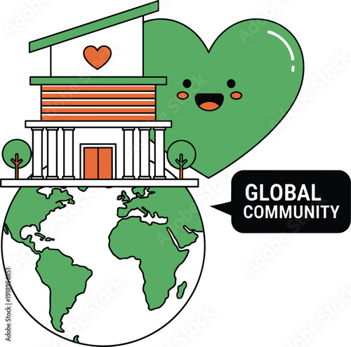 Global community vector illustration with Earth globe house building and cute heart character isolated on white background for social unity and charity concepts.