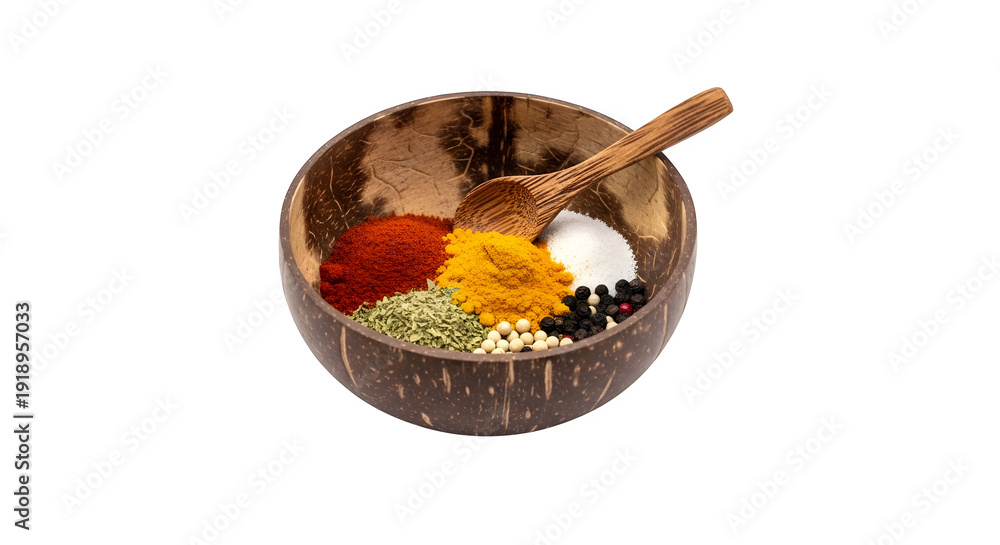Fototapeta premium Small coconut shell spice bowl for kitchen seasoning, isolated on white or transparent background. PNG