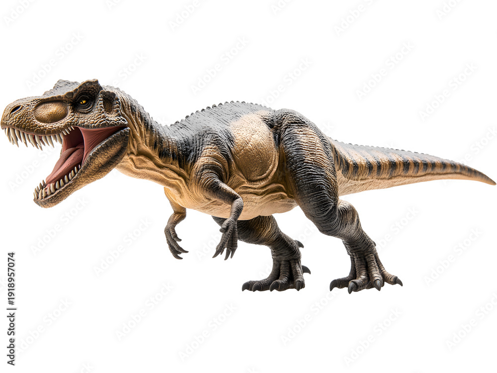 Obraz premium Realistic theropod dinosaur model walking isolated on transparent background, perfect for Jurassic concepts, educational visuals, museums, and dinosaur-themed designs.