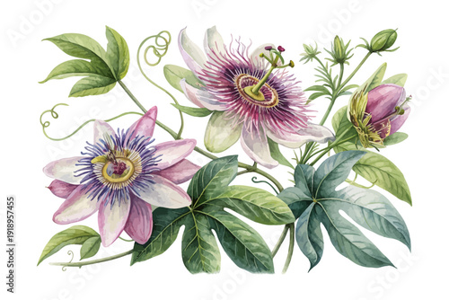 Watercolor Passiflora Blossom, Unique Tropical Floral Vector Isolated on White