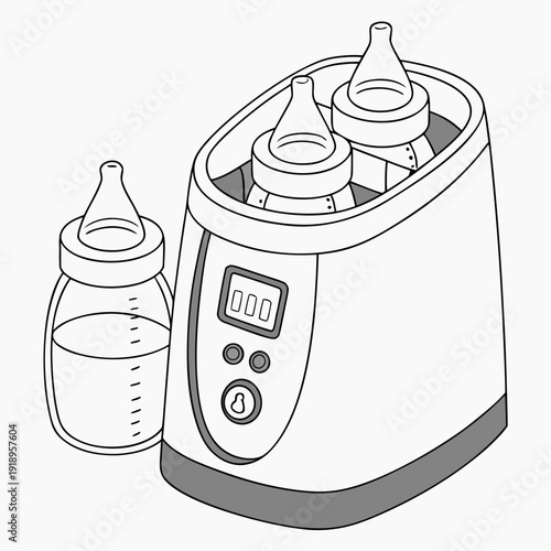 Illustration of a modern double baby bottle warmer with a digital display and a separate bottle, designed for efficient infant feeding.