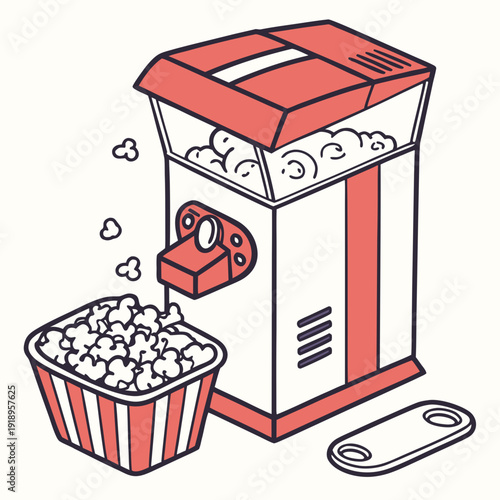 Fun illustration of a vintage popcorn machine with a bowl of popcorn and kernels, perfect for movie nights, parties, snacks, and retro cinema themes.