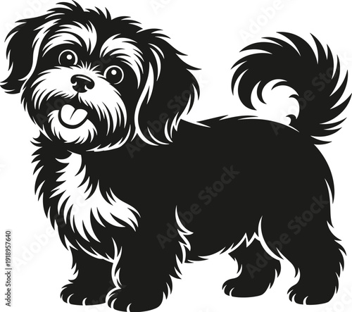 Fluffy dog silhouette vector illustration, cheerful small pet icon with bushy tail, playful artwork, animal graphics, and decorative motifs