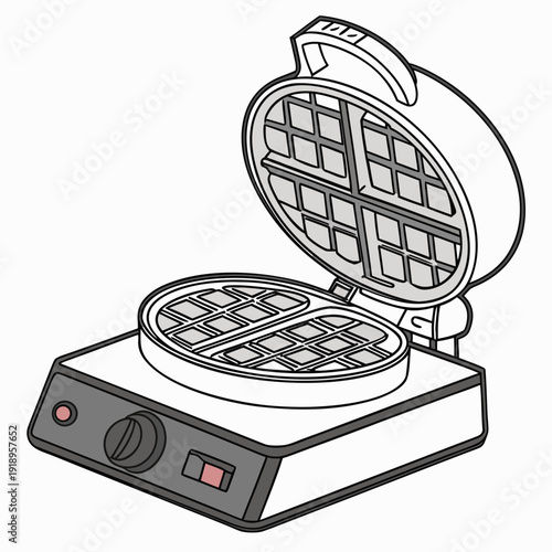Open waffle maker with a grid pattern on its plates, showing ready-to-cook surface. Features a temperature knob and a red power switch. Isolated on white background, isometric view.