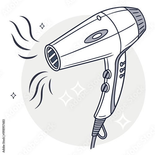 Modern Line Art Illustration of a Hair Dryer with Air Flow and Sparkle Details on a Light Gray Background, Beauty and Personal Care Appliance Concept