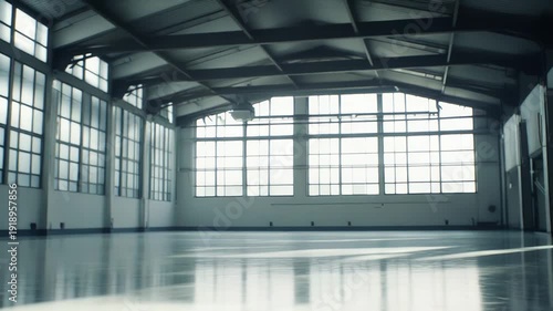 Empty industrial warehouse hall with high ceilings, large glass windows, and a shiny floor reflecting light, offering a vast minimalist space for various activities