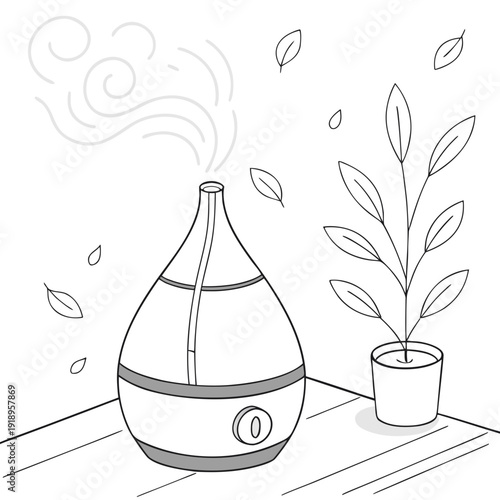 Aromatherapy essential oil diffuser emitting mist with swirling steam, placed on a wooden surface next to a potted plant, clean illustration.