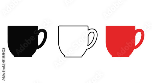 Three stylized coffee cups in black white and red are displayed
