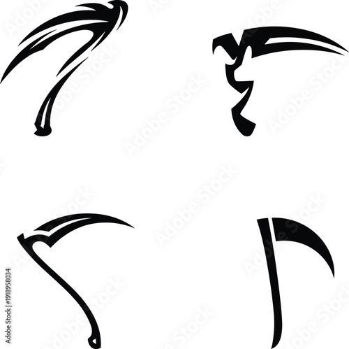 Scythe silhouette vector illustration set, stylized weapon designs with curved blades, fantasy artwork, gothic graphics, and decorative motifs
