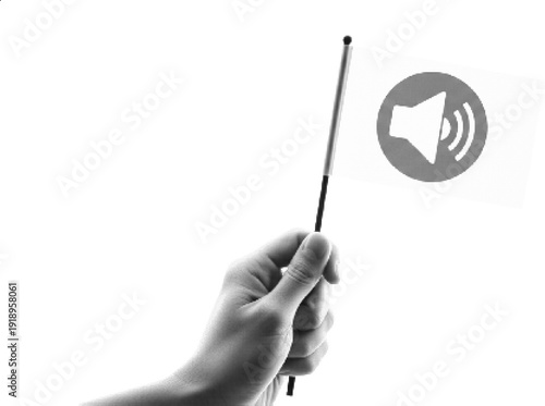 A hand holding a flag with a megaphone icon, symbolizing public speaking and communication.