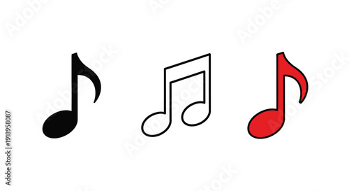 Three musical notes in black outline and red colors displayed