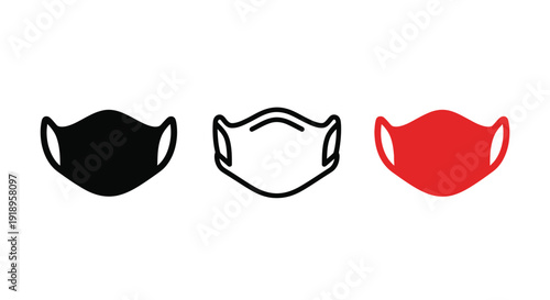 Three face masks in different colors black white and red