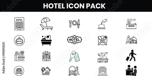 Hotel Icons Vector Pack – Outline Linear Icons, Editable Stroke, Vector Illustration Set