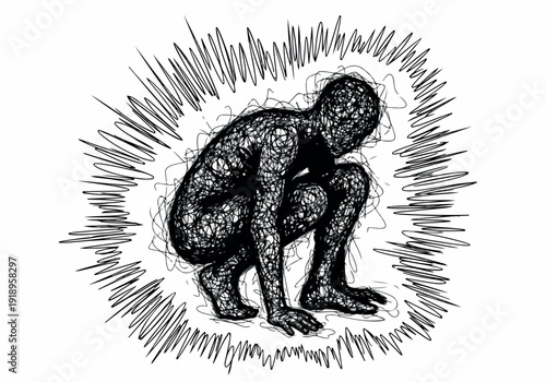Abstract representation of a person overwhelmed by intense emotions or mental distress, depicted with chaotic lines emanating outwards