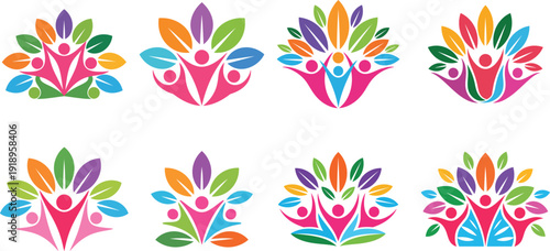 Vibrant human figures with colorful leaves in modern graphic designs