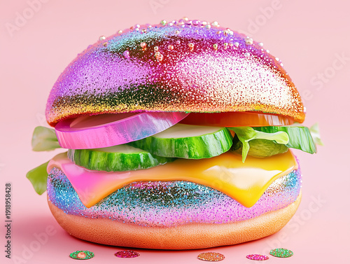 Surreal glitter covered cheeseburger on a vibrant pink background