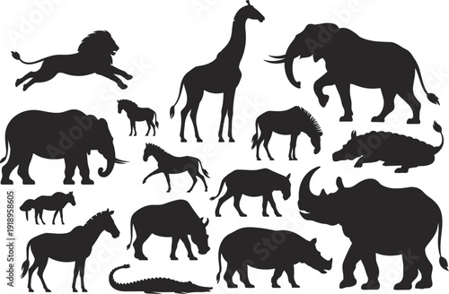 Wild animal silhouette vector illustration set, African wildlife icons including lion, giraffe, elephant, zebra, rhino, hippo, crocodile, and more
