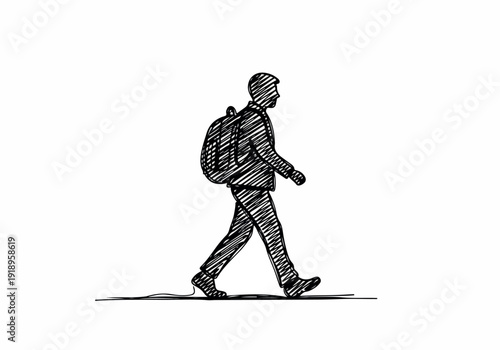 A sketch of a man with a backpack walking across a white background, depicting a solo journey or outdoor adventure