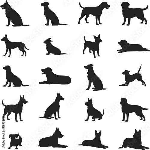 Dog silhouette vector illustration set, sixteen canine icons in multiple poses, pet artwork, decorative graphics, and educational motifs