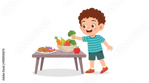 Little Kid Choosing Healthy Food d flat vector isolated white background