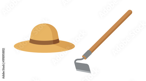 Farmer Worker Hat Gardening Hoe d flat vector isolated white background