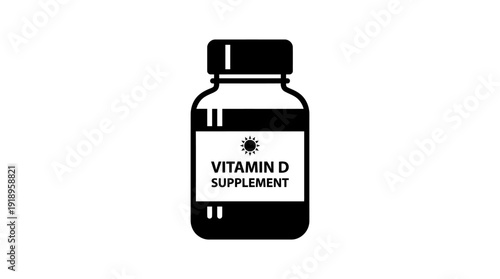 Black White Icon Vitamin D Supplement Bottle d flat vector isolated white background