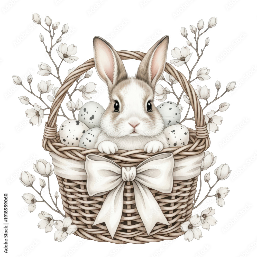 Obraz premium Vintage-style illustration of a bunny sitting in a wicker basket filled with speckled eggs and surrounded by delicate flowers, illustrating Easter celebration, charm, and spring nostalgia