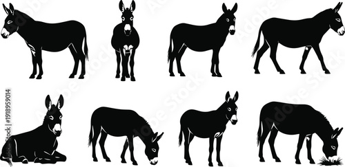 Donkey silhouette vector illustration set, eight farm animal icons in grazing, standing, and lying poses, decorative artwork, and rural graphics