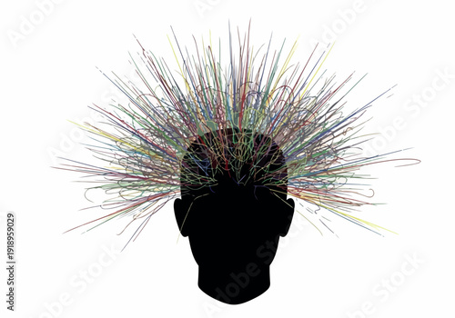 Abstract Illustration of a Silhouette Head with Energetic Burst of Colorful Lines Emanating Outward