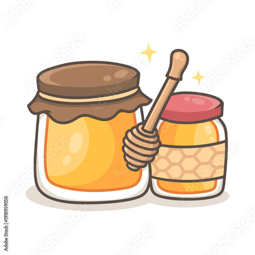 Two Jars of Honey with Dipper Illustration for Icon, sticker and other uses, hand drawn vector