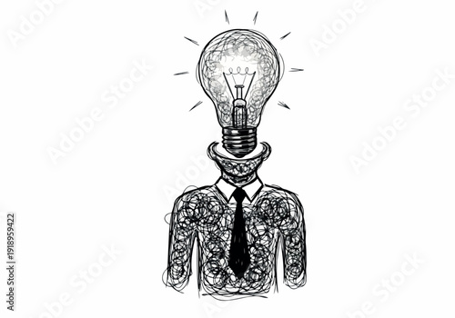 Symbolic illustration of a businessman with a bright idea light bulb illuminating from his head, representing innovation and creativity in business and problem-solving