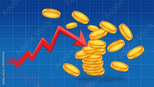 A graph with a downward trend and a pile of gold coins