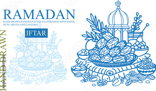 Hand drawn Ramadan iftar illustration with dates, nuts, fruits and lantern. Trendy line art vector for Islamic banners, greeting cards, social media posts and festive branding.
