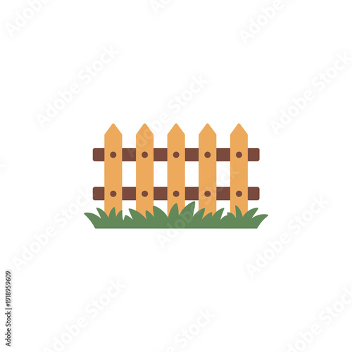 Wooden picket fence with five individual pickets and fresh green grass