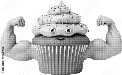 A playful cupcake with flexed arms and a happy face, symbolizing strength and joy in a whimsical illustration.
