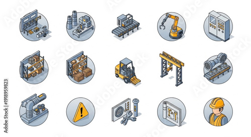 Collection of isometric industrial icons and illustrations.