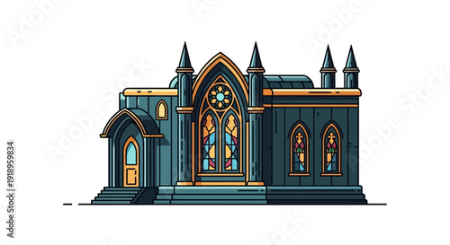 Stylized gothic cathedral building illustration with stained glass windows on white background