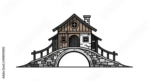 Flat vector illustration of a rustic wooden house on a stone arch bridge isolated on white