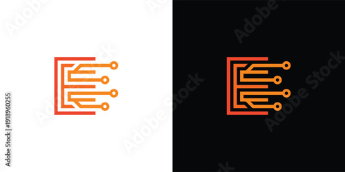 The letter 'E' logo is formed from digital circuit lines on a white or black background. It represents electronics, engineering, energy, efficiency, and the digital age.