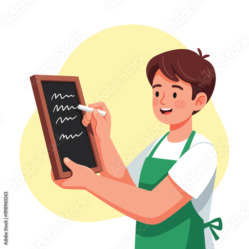 Happy barista writing menu on chalkboard for cafe promotion campaign