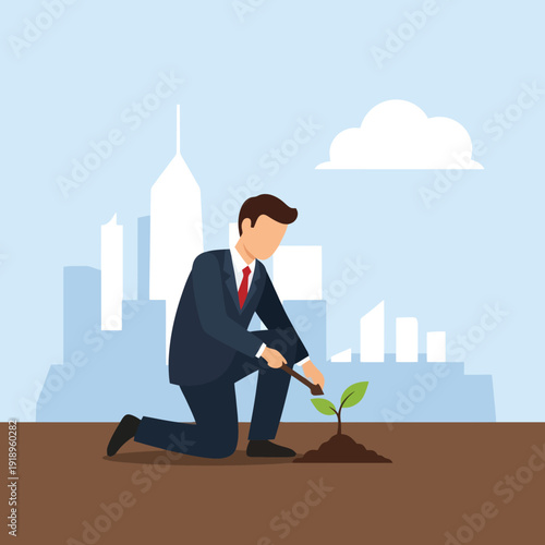 Businessman planting sapling representing business growth and sustainability