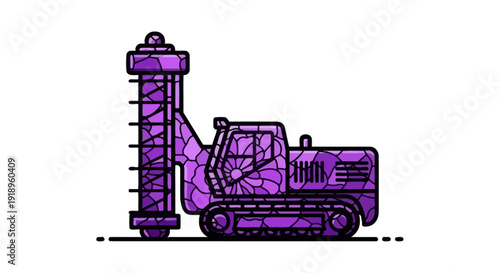 Stylized purple drilling machine illustration with floral stained glass pattern