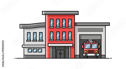 Flat vector illustration of a modern fire station and fire truck