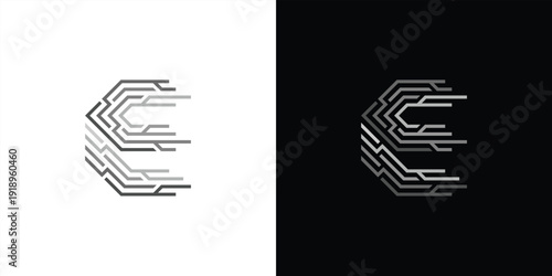 The letter 'E' logo is formed from digital circuit lines on a white or black background. It represents electronics, engineering, energy, efficiency, and the digital age.