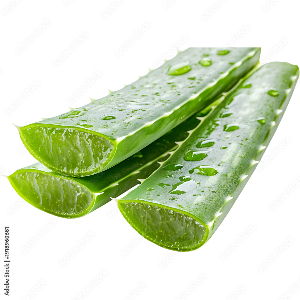 Fototapeta premium Aloe vera leaves with water droplets isolated on transparent background, juicy green slices symbolizing hydration, freshness, and natural skincare ingredients.