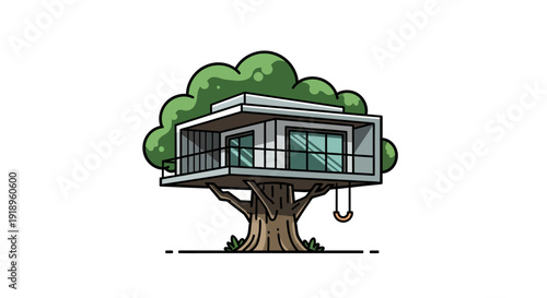 Modern Treehouse Illustration with Balcony and Swing