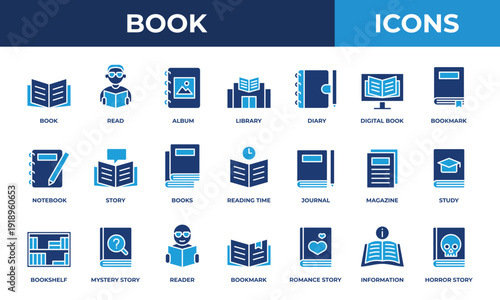 Book icon set. Contains solid blue icons related to reading, library, diary, notebook, and more.