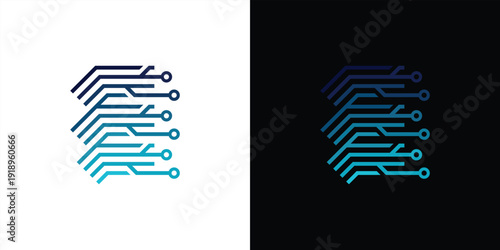The letter 'E' logo is formed from digital circuit lines on a white or black background. It represents electronics, engineering, energy, efficiency, and the digital age.