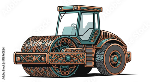 Ornate road roller with intricate decorative patterns