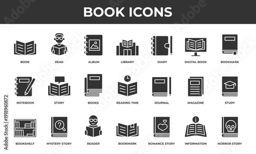 Book icon set. Contains solid icons related to reading, library, diary, notebook, and more.